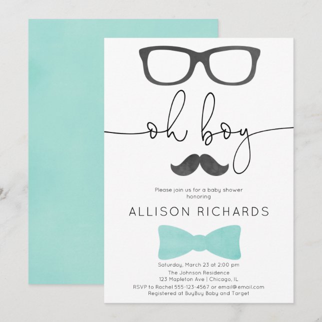 Little man boy baby shower aqua grey black invitation (Front/Back)