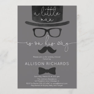 Little man boy baby shower grey white modern invitation