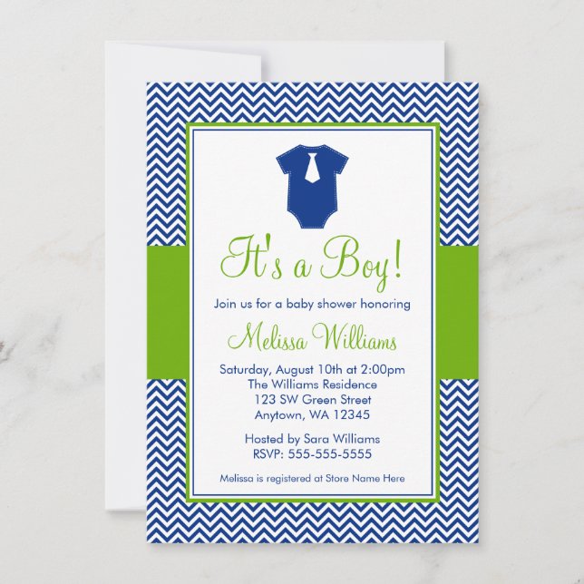 Little Man Chevron Blue Green Baby Shower Invitation (Front)