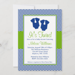 Little Man Chevron Blue Green Twins Baby Shower Invitation