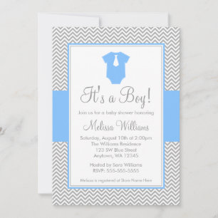 Little Man Chevron Grey Blue Baby Shower Invitation