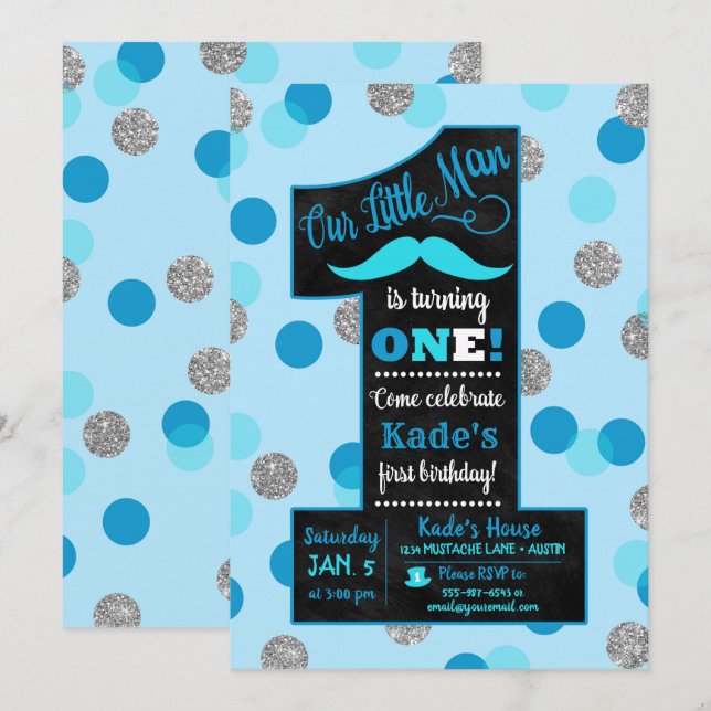 Little Man First Birthday Invitation Chalkboard (Front/Back)