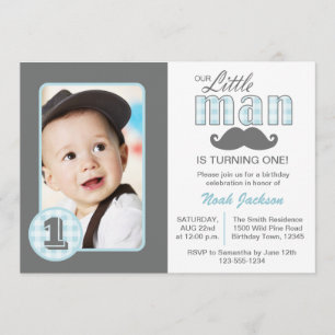 Little Man First Birthday Moustache Blue Grey Phot Invitation