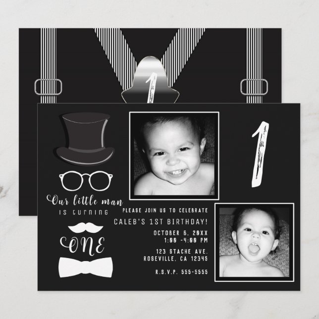 Little Man Hipster Suspenders 1st Birthday Photo Invitation (Front/Back)