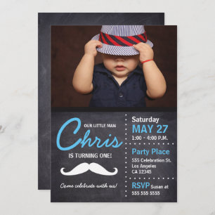 Little Man is turning one - photo, mustache, chalk Invitation