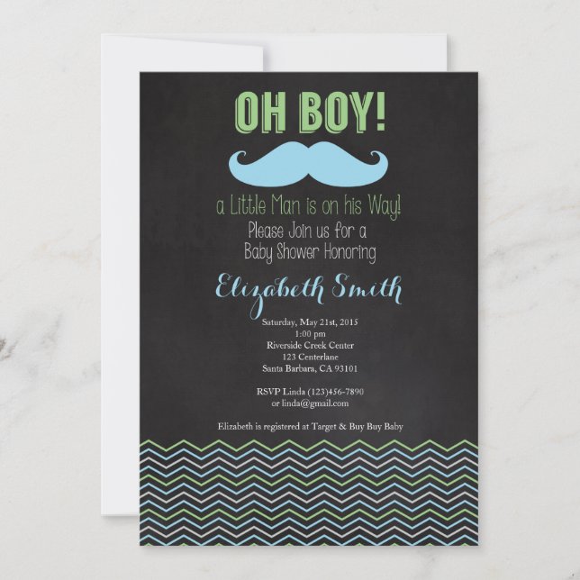 Little Man Moustache Baby Shower Invitation Chalkb (Front)
