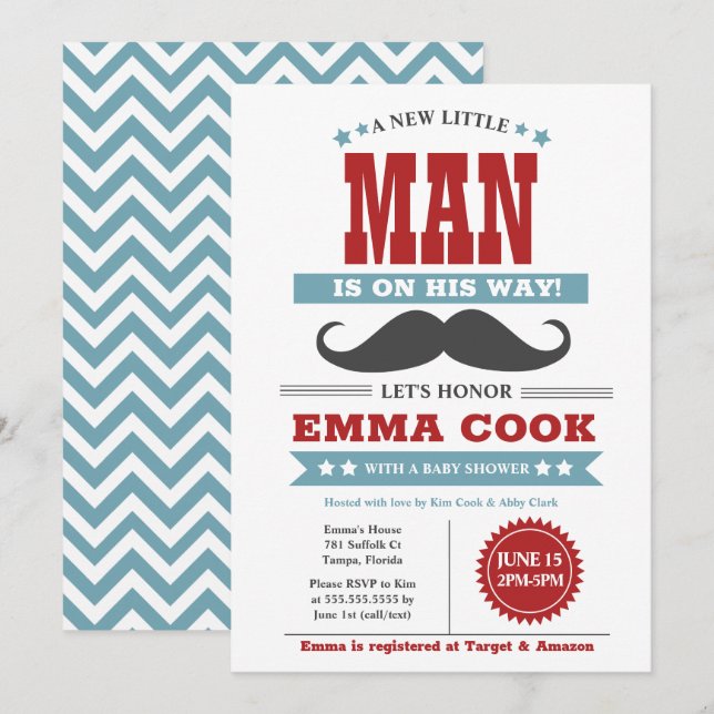 Little Man Moustache Bash Boy Baby Shower Invitation (Front/Back)