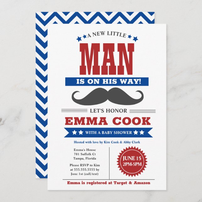 Little Man Moustache Bash Boy Baby Shower red blue Invitation (Front/Back)