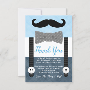 little man moustache blue navy blue boy baby showe thank you card
