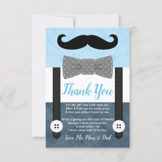 little man moustache blue navy blue boy baby showe thank you card