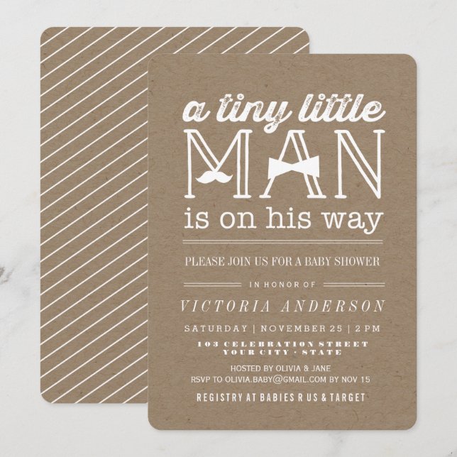 Little Man Moustache Bow Tie Rustic Boy Baby Showe Invitation (Front/Back)