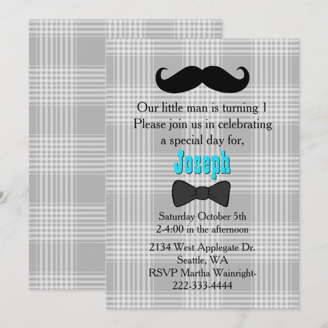 Little Man Moustache First Birthday Invitation (Front/Back)