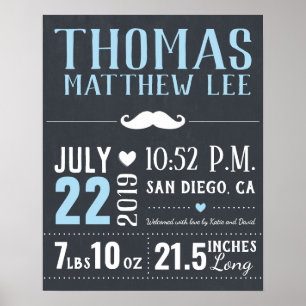 Little Man Moustache New Baby Boy Birth Stats Poster