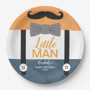 little man moustache orange navy boy baby shower paper plate