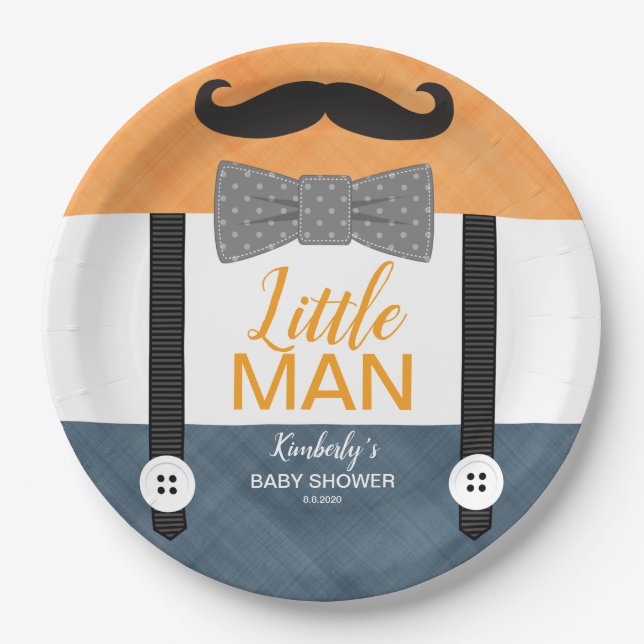 little man moustache orange navy boy baby shower paper plate (Front)