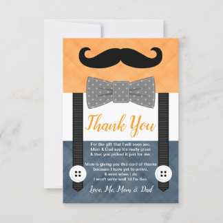 little man moustache orange navy boy baby shower thank you card