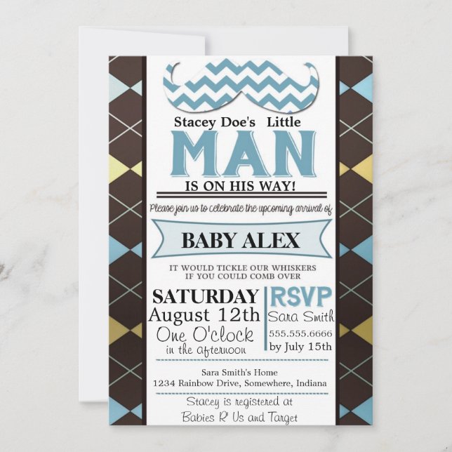 Little Man Moustache Shower invite (Front)
