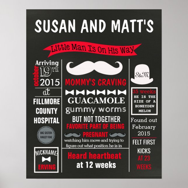 Little man Mustache Baby Shower Party chalkboard Poster (Front)