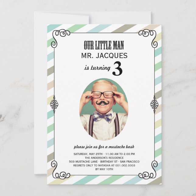 Little Man Mustache Bash Boy Invitation de fête d' (Devant)