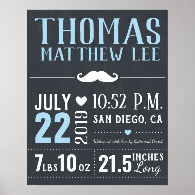 Little Man Mustache New Baby Boy Birth Stats Poster (Front)
