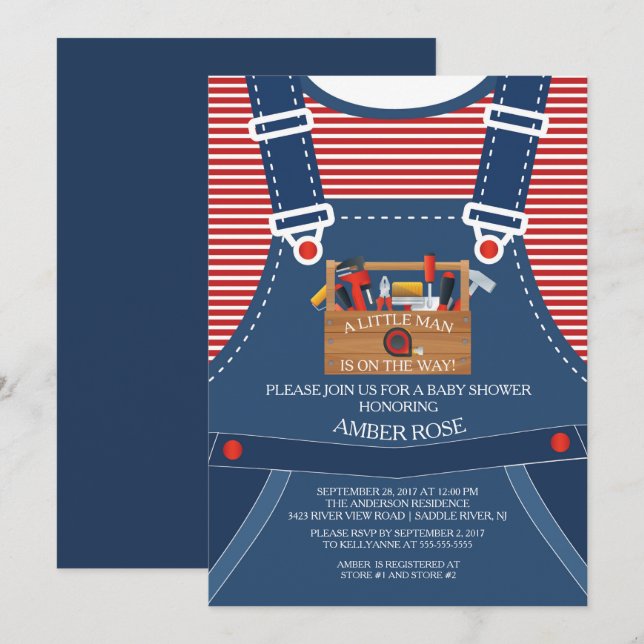 Little Man Overalls Tools Baby Shower Invitation (Front/Back)