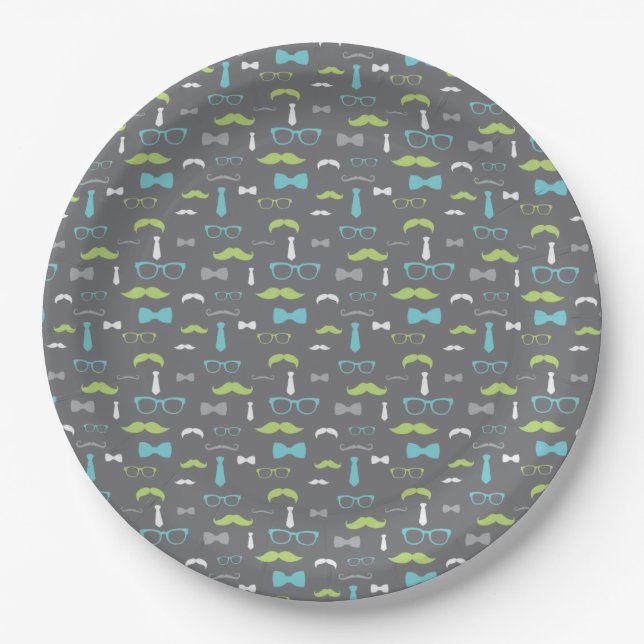 Little Man Paper Plate, Teal, Lime, Grey Plate (Front)