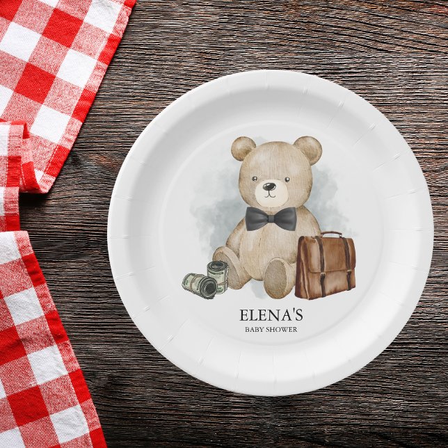 Little Man Teddy Bear Funny Boy Baby Shower Paper Plate (Creator Uploaded)