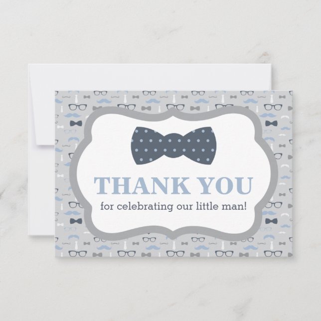 Little Man Thank You Card, Bow Tie, Blue, Grey Card (Front)