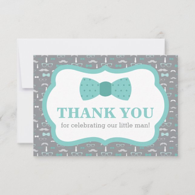 Little Man Thank You Card, Bow Tie, Turqoise, Grey Card (Front)