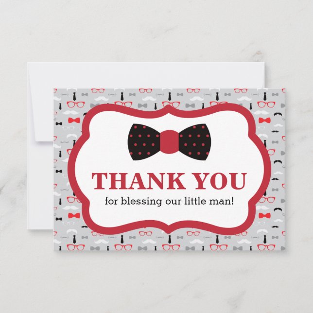 Little Man Thank You Card, Red, Black, Bow Tie Card (Front)