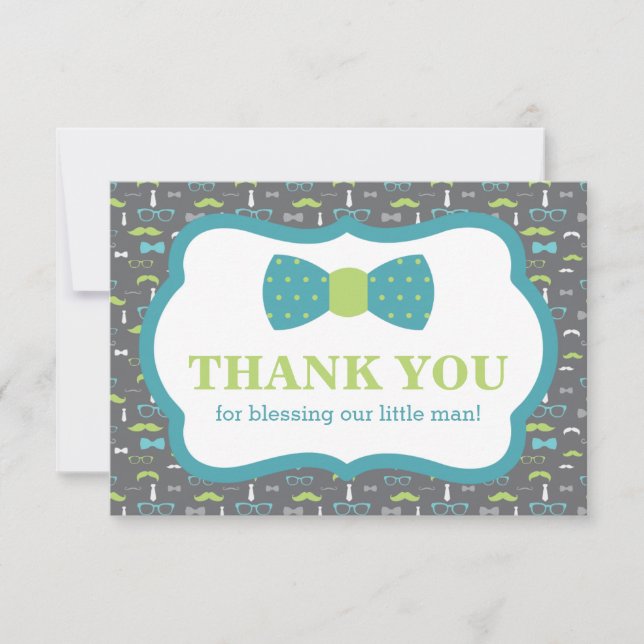 Little Man Thank You Card, Teal, Lime Green, Grey (Front)