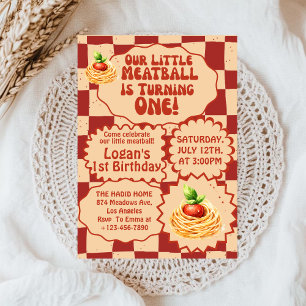 Little Meatball 1st Birthday Retro Wavy Chequered Invitation