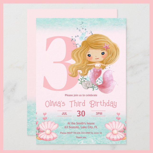 Little Mermaid Birthday Pink Invitation (Birthday invitation with a cute mermaid with blond hair for little girls)