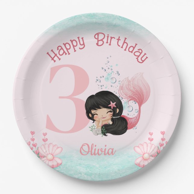 Little Mermaid Birthday Pink Paper Plate (Front)