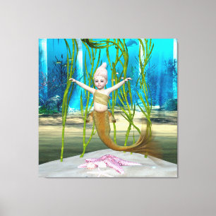 Little Mermaid Cute Fantasy Girl, Blue Ocean Canvas Print