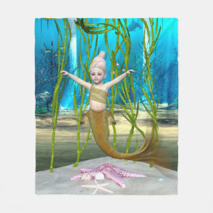 Little Mermaid Cute Fantasy Girl, Blue Ocean Fleece Blanket