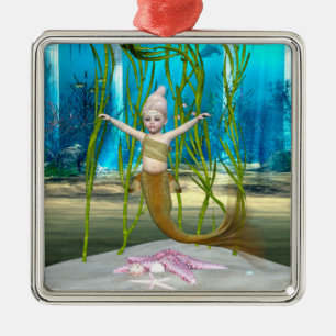 Little Mermaid Cute Fantasy Girl, Blue Ocean Metal Ornament