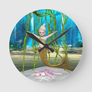 Little Mermaid Cute Fantasy Girl, Blue Ocean Round Clock