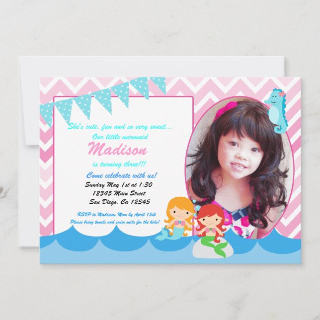 Little Mermaid girls birthday party invitation (Front)