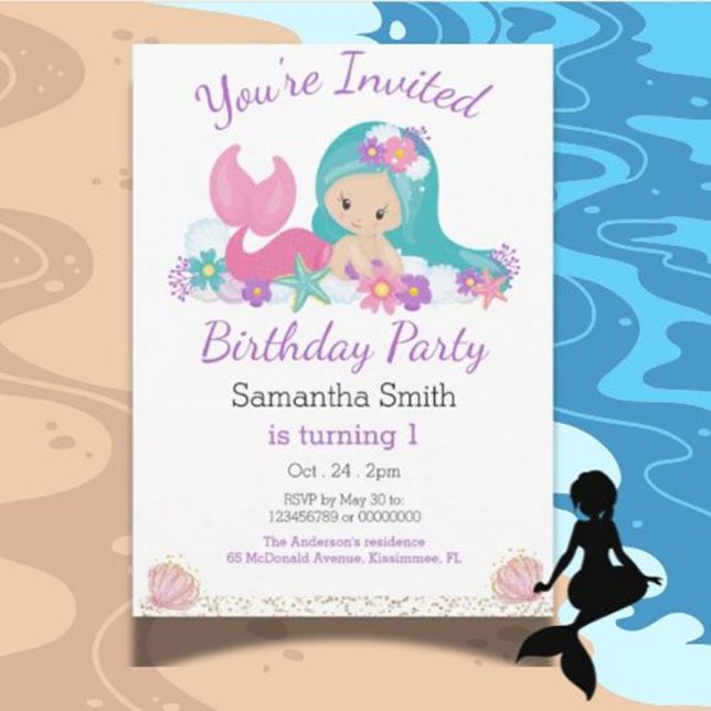Little Mermaid Glitter Birthday Party Invitation (You’re Invited to a Magical Under the Sea 1st Birthday!)