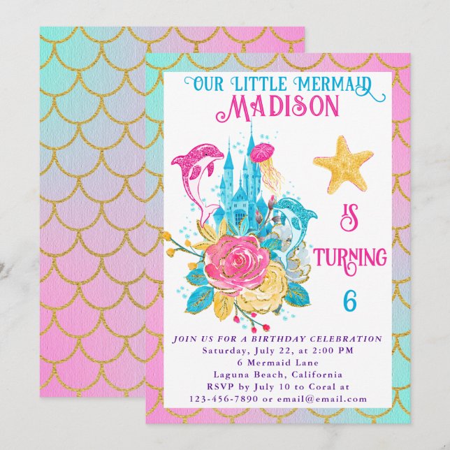 Little Mermaid Scale Pink Turquoise Gold Birthday Invitation (Front/Back)