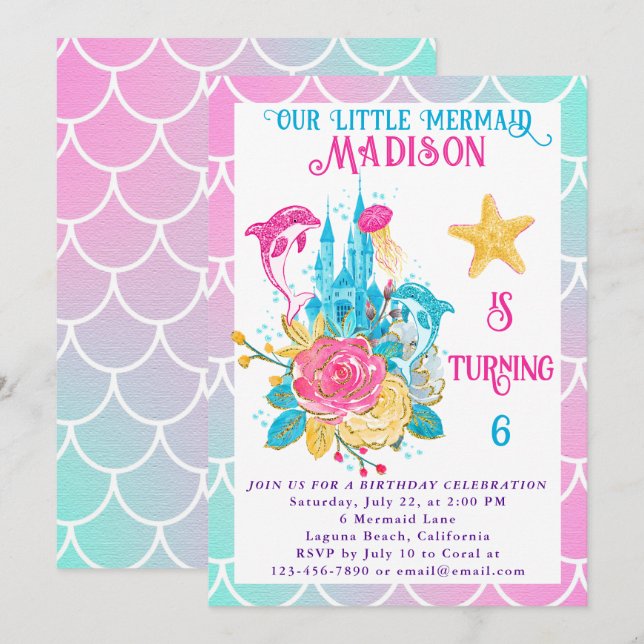 Little Mermaid Scale Pink Turquoise White Birthday Invitation (Front/Back)