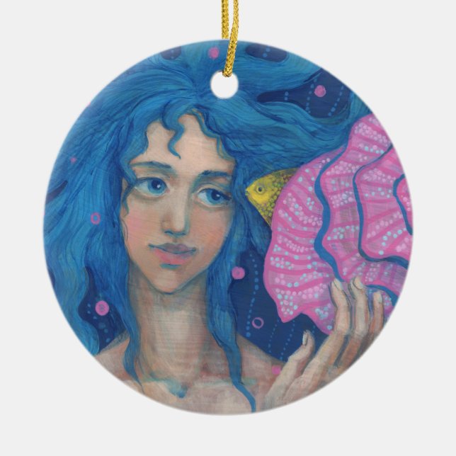 Little Mermaid, Underwater Fantasy Art, Pink Blue Ceramic Ornament (Front)