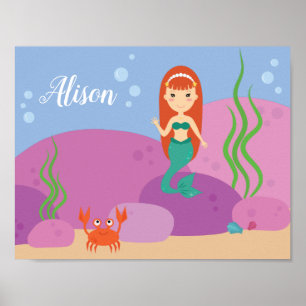 Little mermaid underwater waving nursery poster