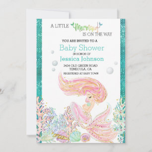 Little Mermaid Watercolor Baby Shower Glitter Invitation