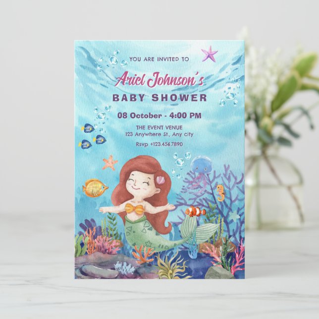 Little mermaid watercolor baby shower invitation (Standing Front)