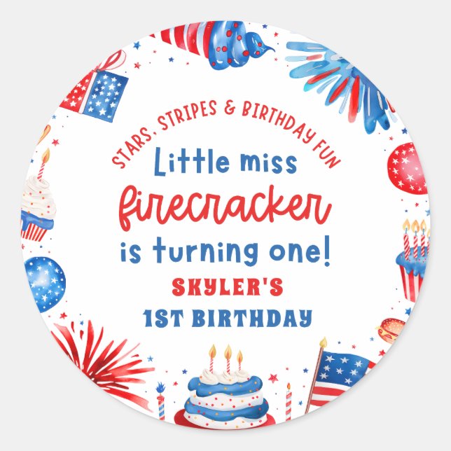 Little Miss Firecracker 4th of July 1st Birthday Classic Round Sticker (Front)