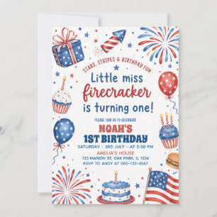 Little Miss Firecracker 4th of July 1st Birthday Invitation