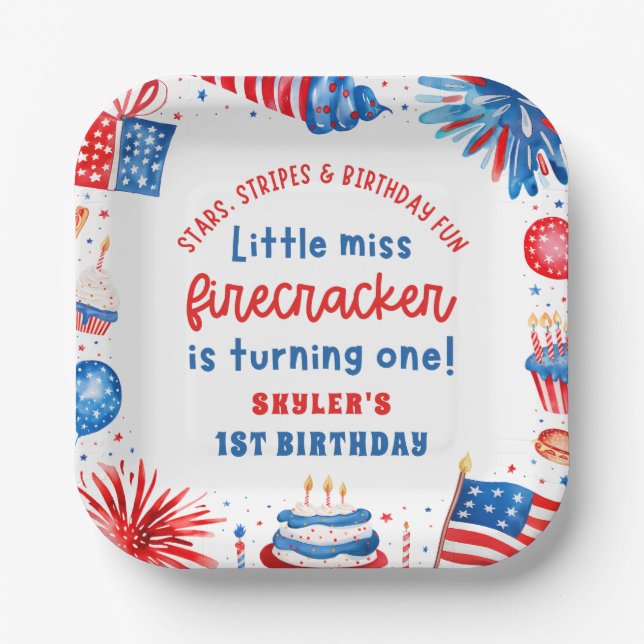 Little Miss Firecracker 4th of July 1st Birthday Paper Plate (Front)