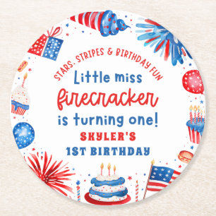 Little Miss Firecracker 4th of July 1st Birthday Round Paper Coaster